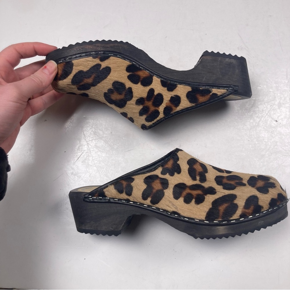 TESSA CLOGS OF VAIL Leopard Print Calf Hair Wooden Mule Clogs